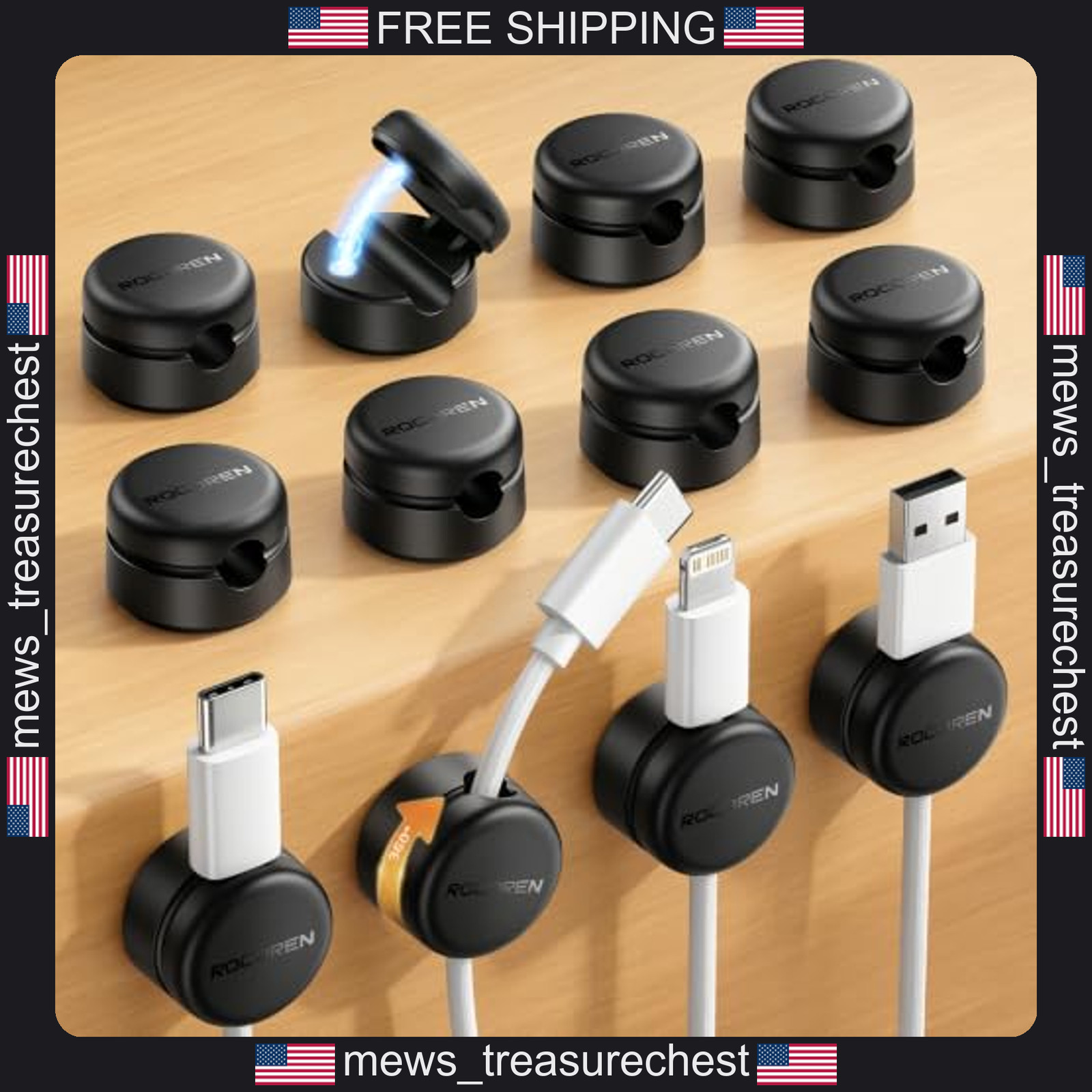Magnetic Cable Organizer 12 Pack with 360° Rotating Base for All Cables