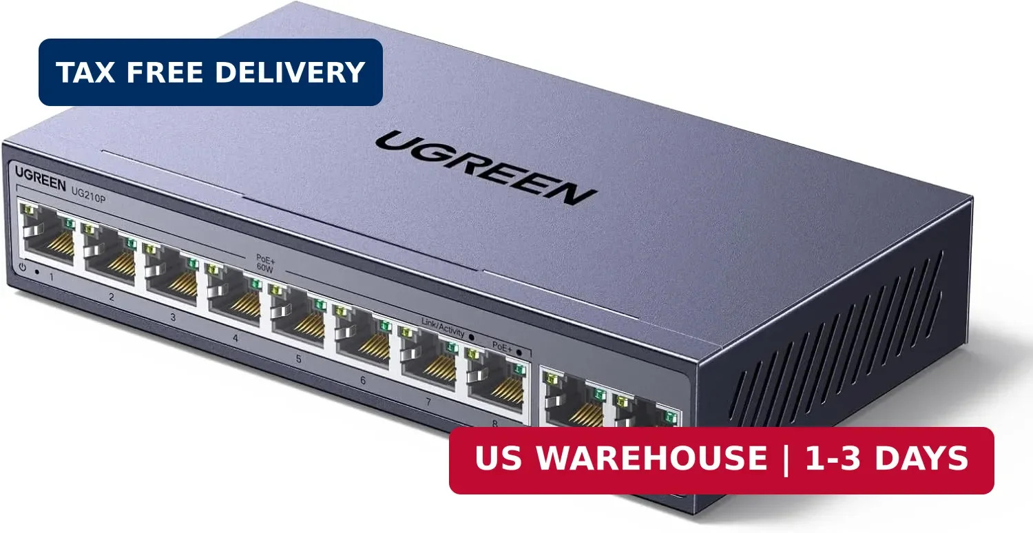 UGREEN Ethernet Switch, 10-Port PoE Switch, 8 PoE+@60W + 2 Gigabit Uplink