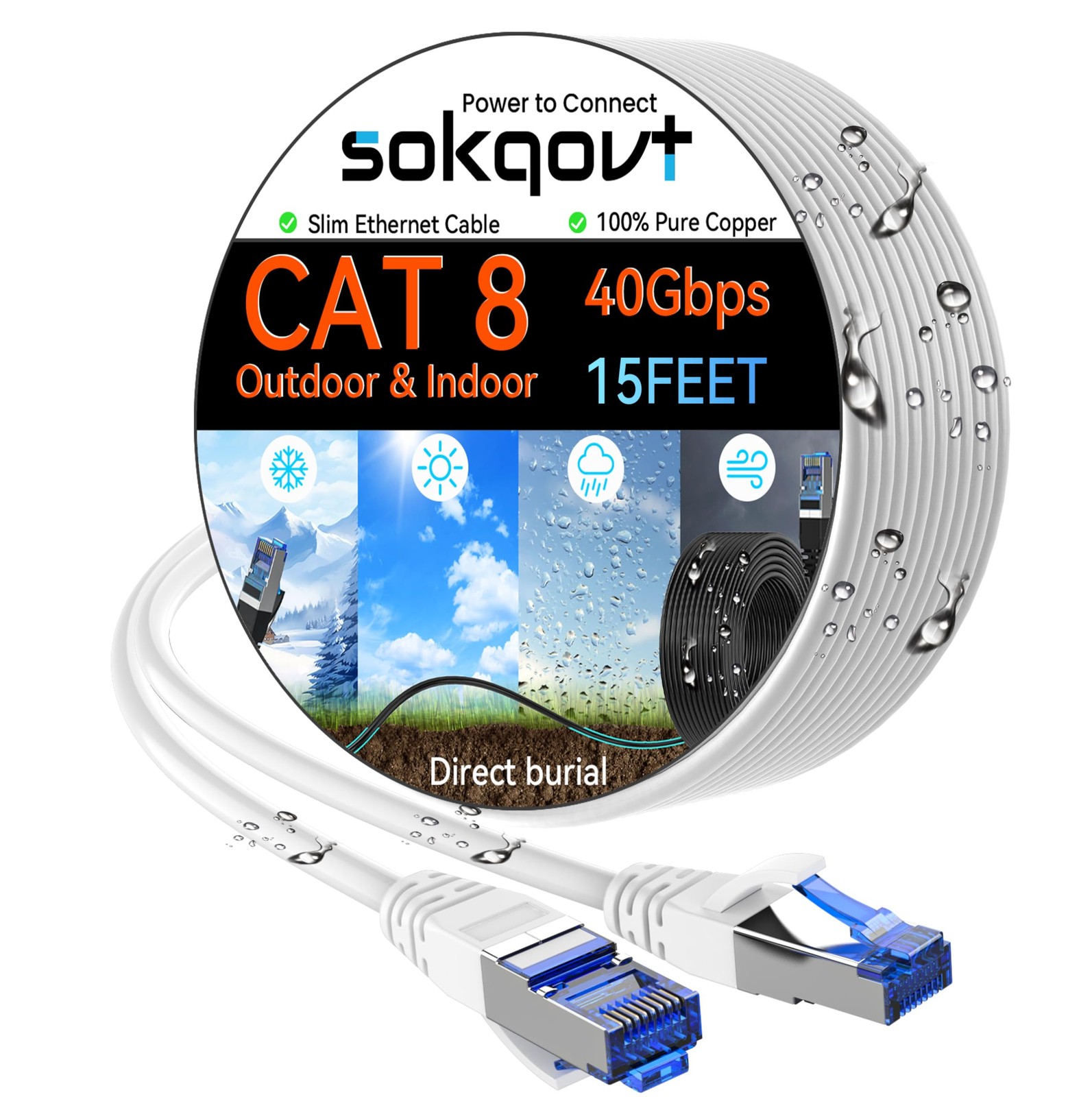 Cat 8 Ethernet Cable Slim 15ft Outdoor&Indoor, Pure Copper Cat8 Internet Cabl...