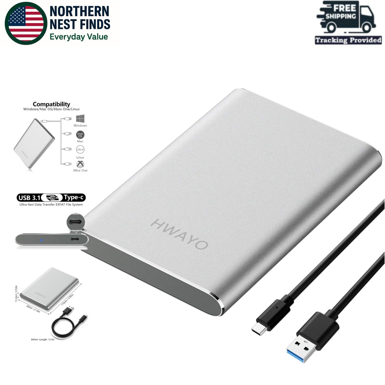 Fast 160GB Type C External Hard Drive - Portable, Plug & Play, Silver Design