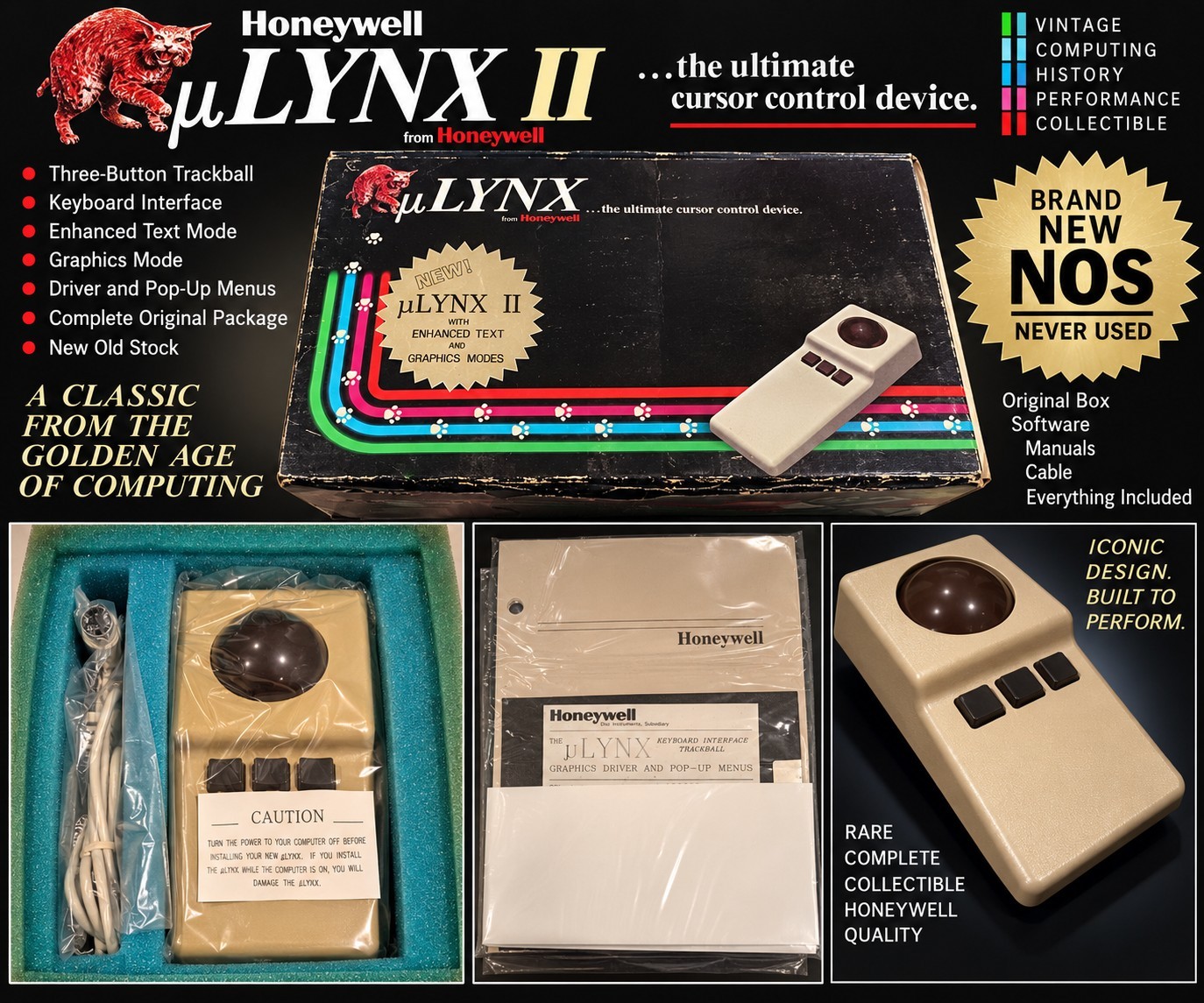 NEW NOS Honeywell µLYNX II Trackball Vintage Computer Cursor Control Complete