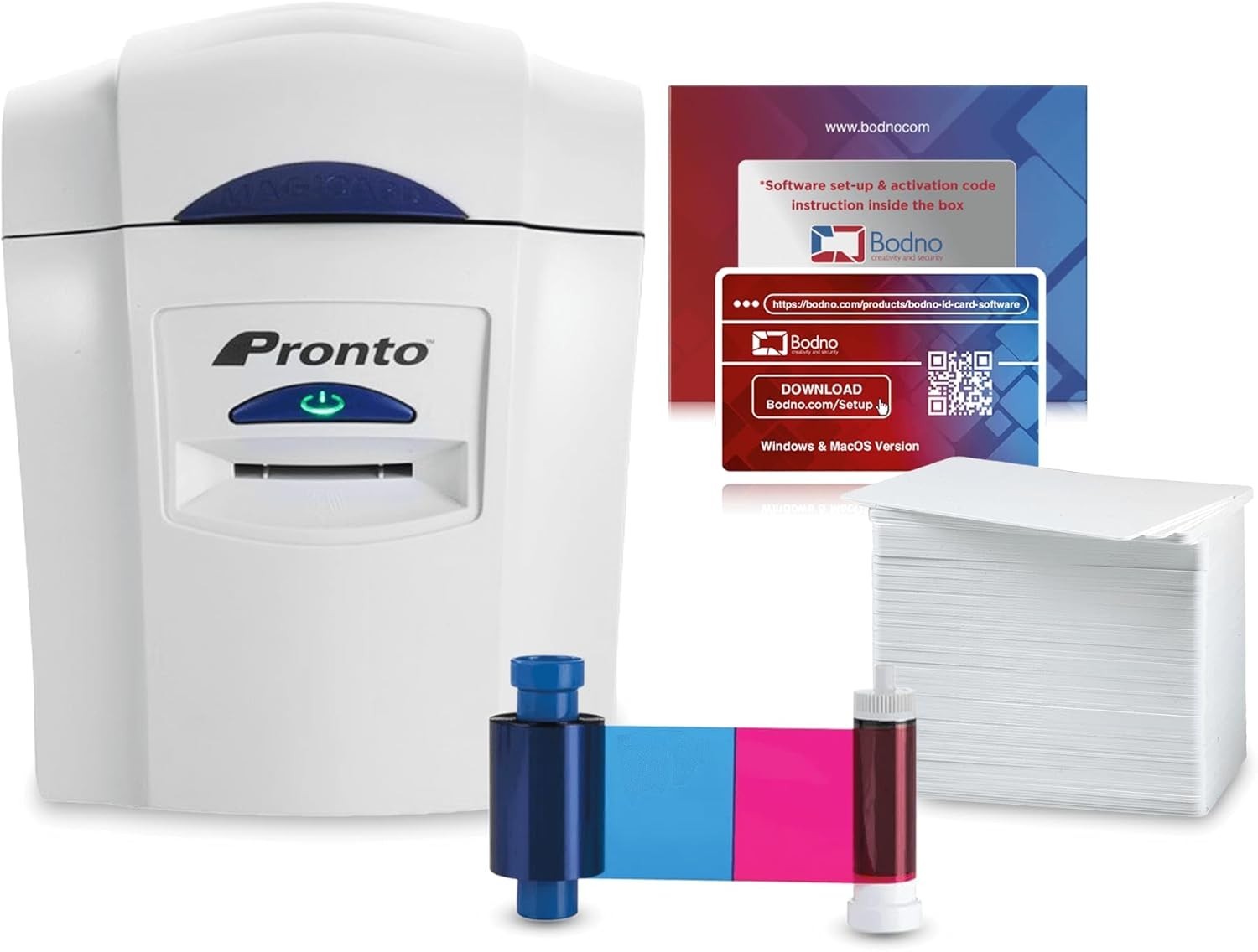 Bodno Magicard Pronto ID Card Printer Bundle w/ 100 Cards & Bronze Software