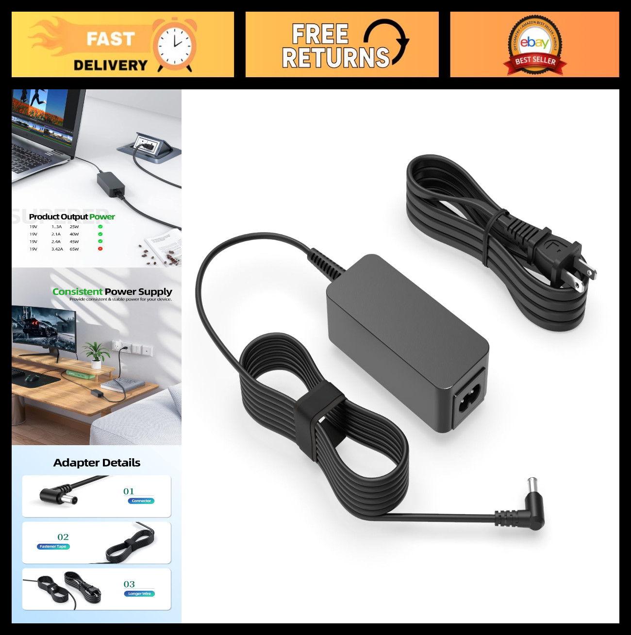 19V AC Power Adapter Charger for LG 32" LED LCD Monitor 32MA70HY-P 32MP58HQ-W