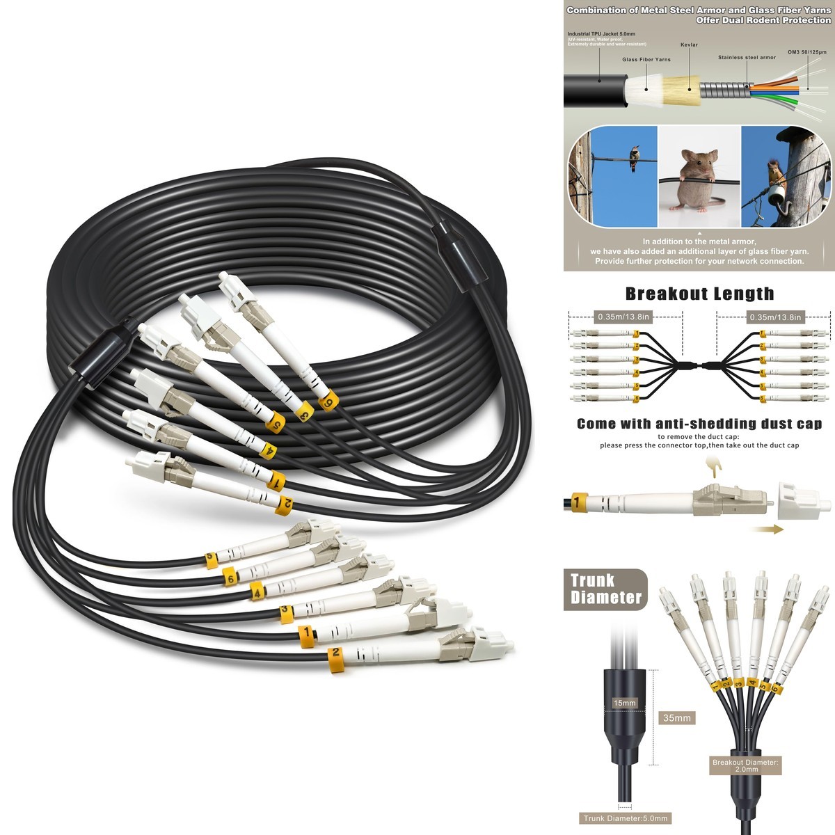 YUTIANHOME 10M 6 Core OM3 Multimode LC to LC Outdoor Armored Direct Burial