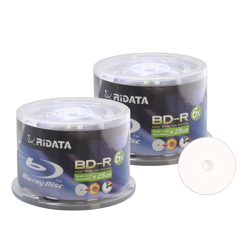 100 Pack 6X BD-R 25GB Blue Blu-ray White Inkjet Hub Printable Disc