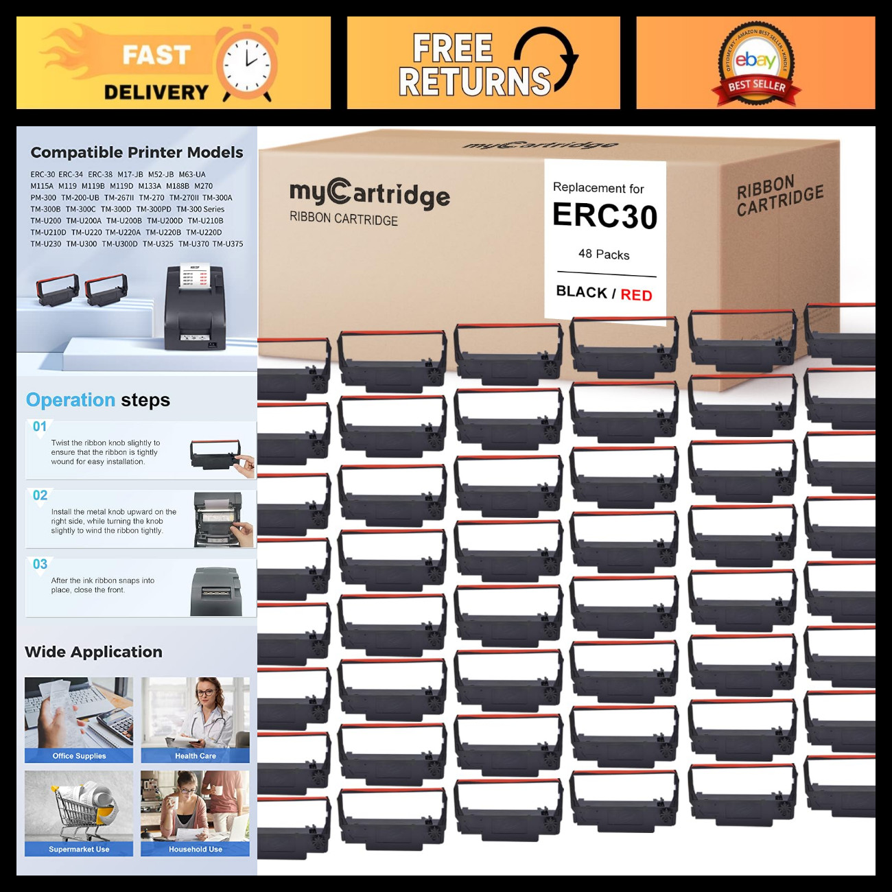 Compatible Ribbon Replacement for ERC30/34/38 B/R - 48 Pack, High-Quality Print