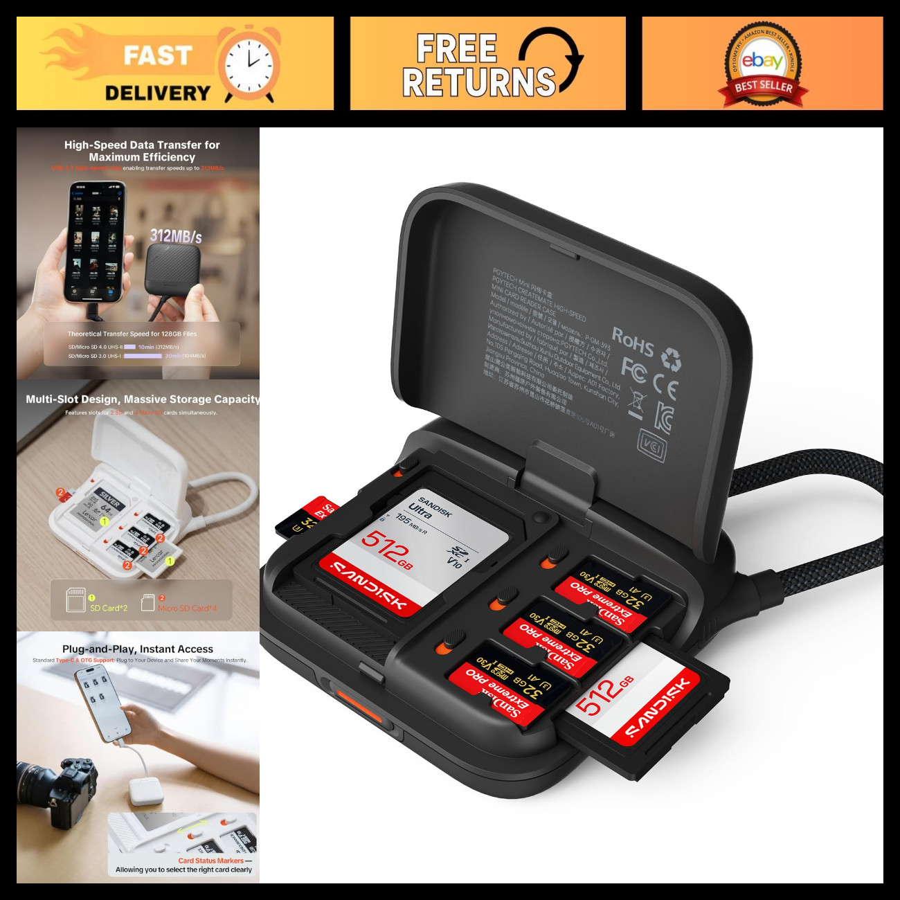 2-in-1 UHS-II SD & Micro SD Card Reader Case, Portable Mini Storage Solution