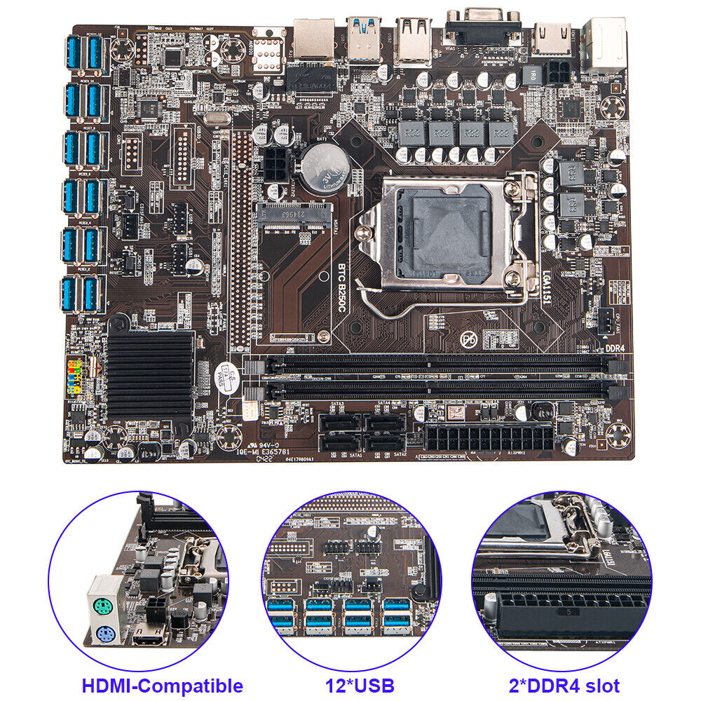 B250C-BTC PCI Express DDR4 Computer Mining Motherboard for LGA1151 Gen6/7 US Hot