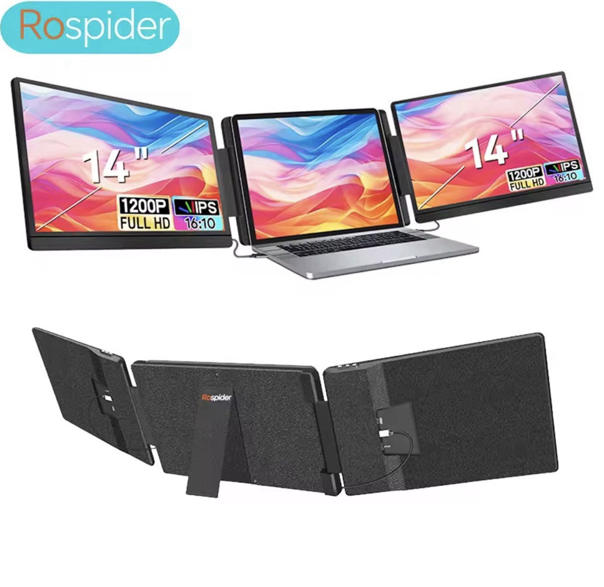 Rospider 14in Portable Tri-Screen Monitor IPS 1200P Black 16:10 Extender