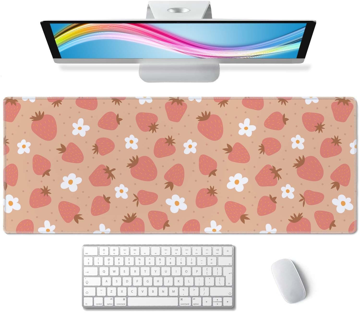 31.5x11.8 Inch Pink Strawberry Daisy Pattern Desk Mat Large Gaming Mouse Pad