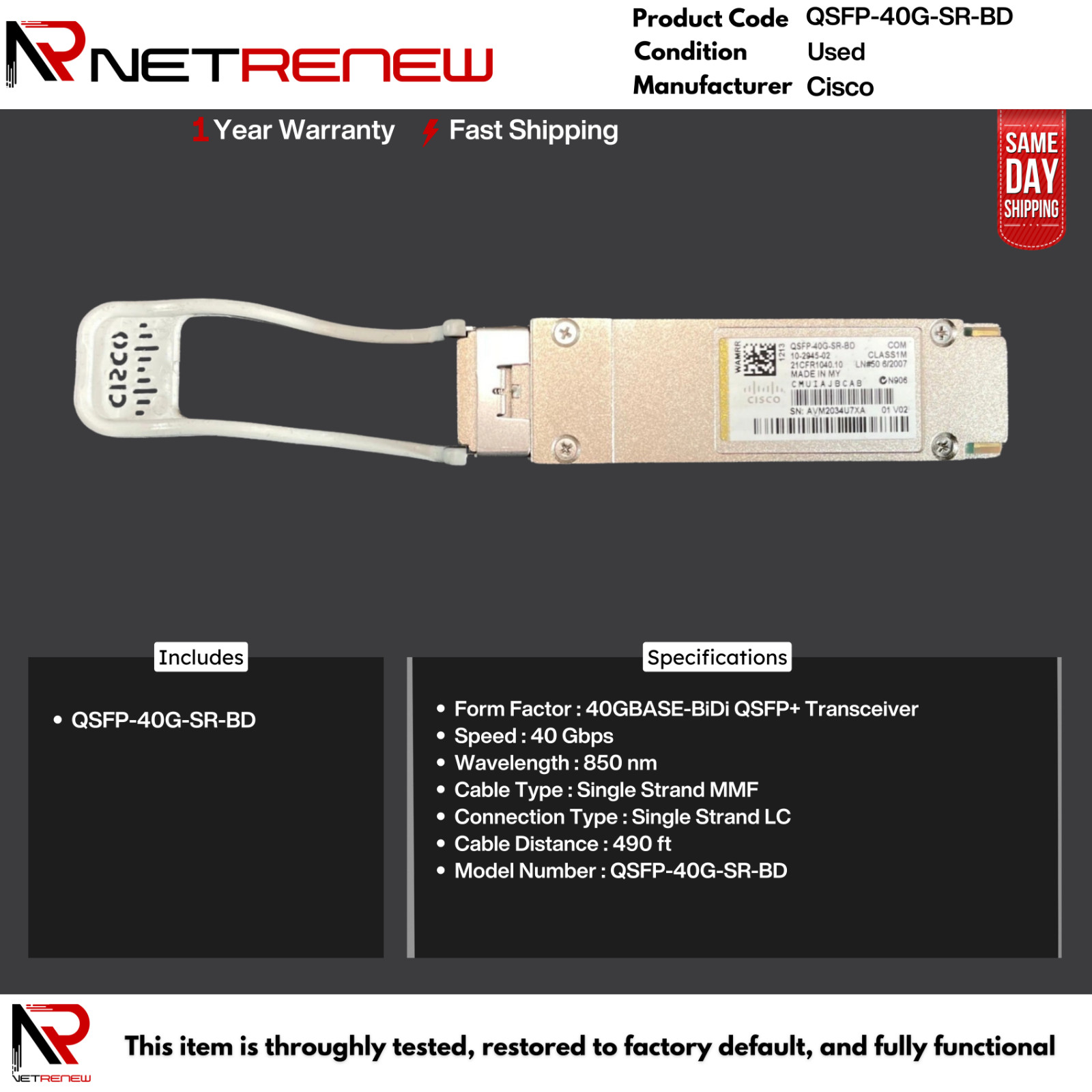 Cisco QSFP-40G-SR-BD Genuine  40GBASE QSFP Module Duplex MMF LC