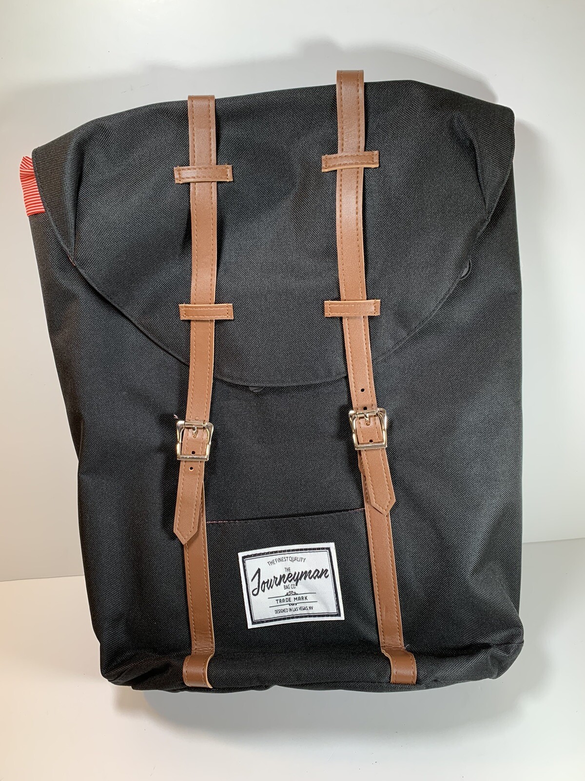 The Journeyman Bag Co Canvas Black Laptop Backpack Red/White Striped Lining.