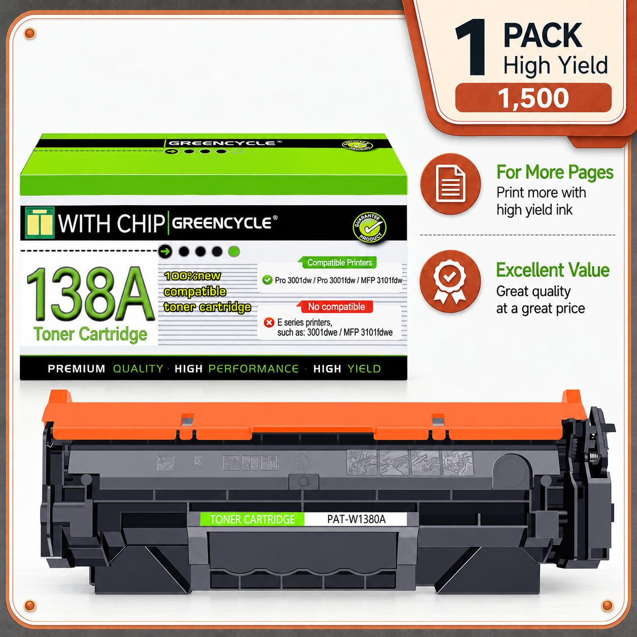 LOT GREENCYCLE W1380A toner Cartridge for HP LaserJet Pro 3001fdw MFP 3010fdw