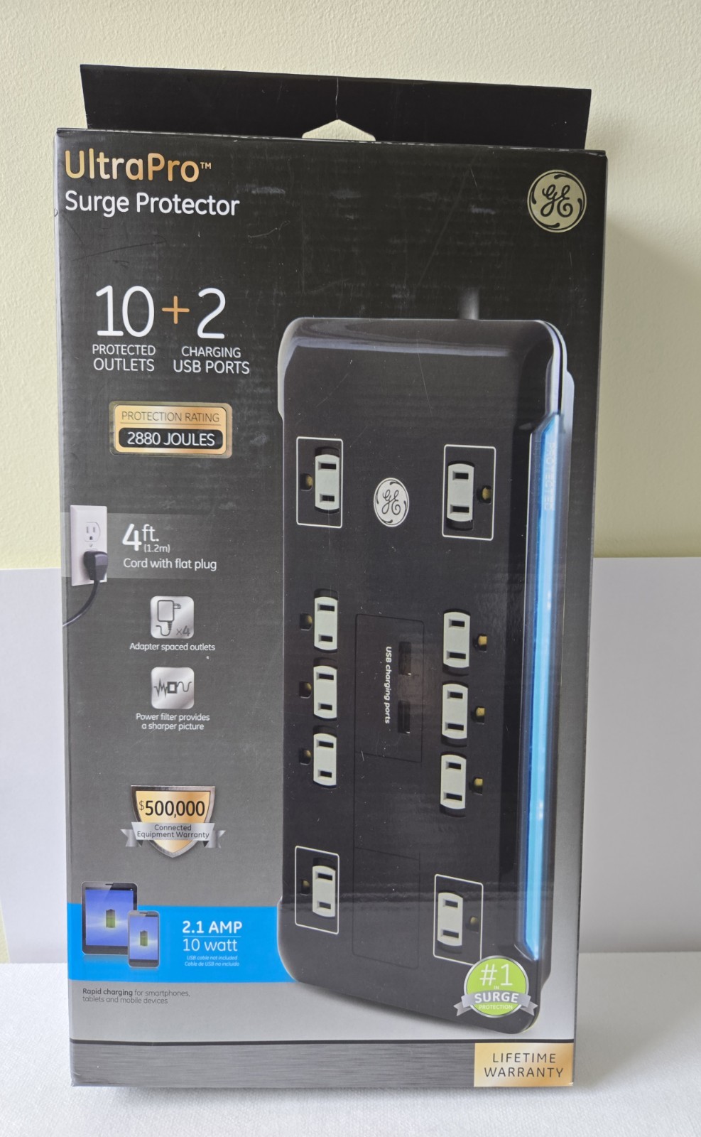 NEW GE Ultra Pro Surge Protector Charging 10 Outlets + 2 USB Ports 4 Ft Cord 