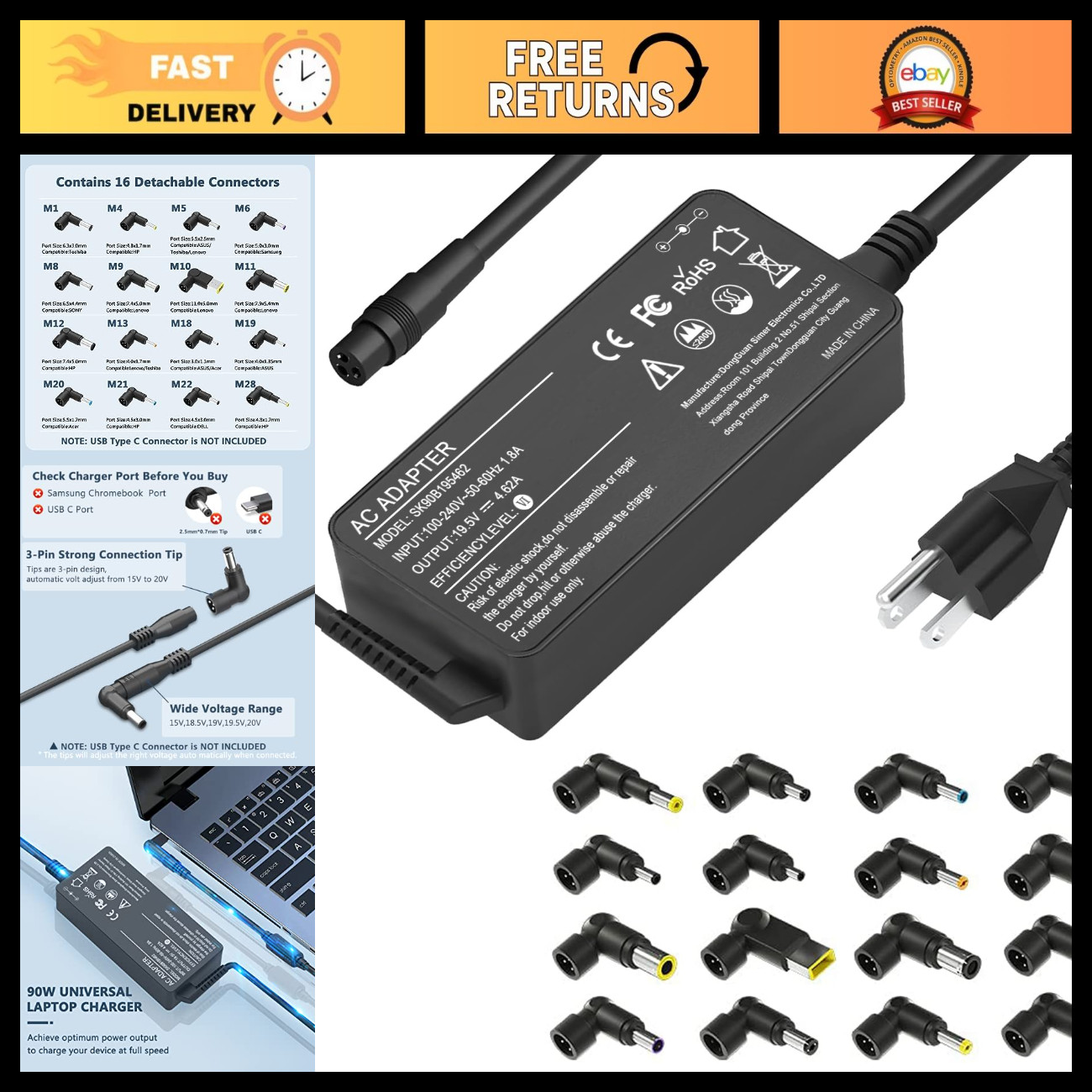 90W Universal Laptop Charger AC Adapter for HP Dell Acer Asus Toshiba & More - 1