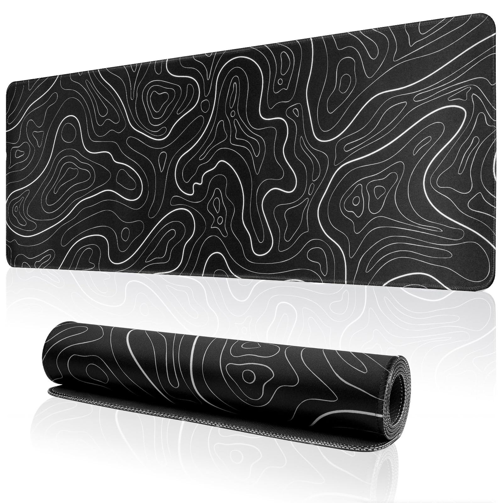 Black Topographic Map Pattern Long XL Keyboard Gaming Mouse Desk Pad Mat