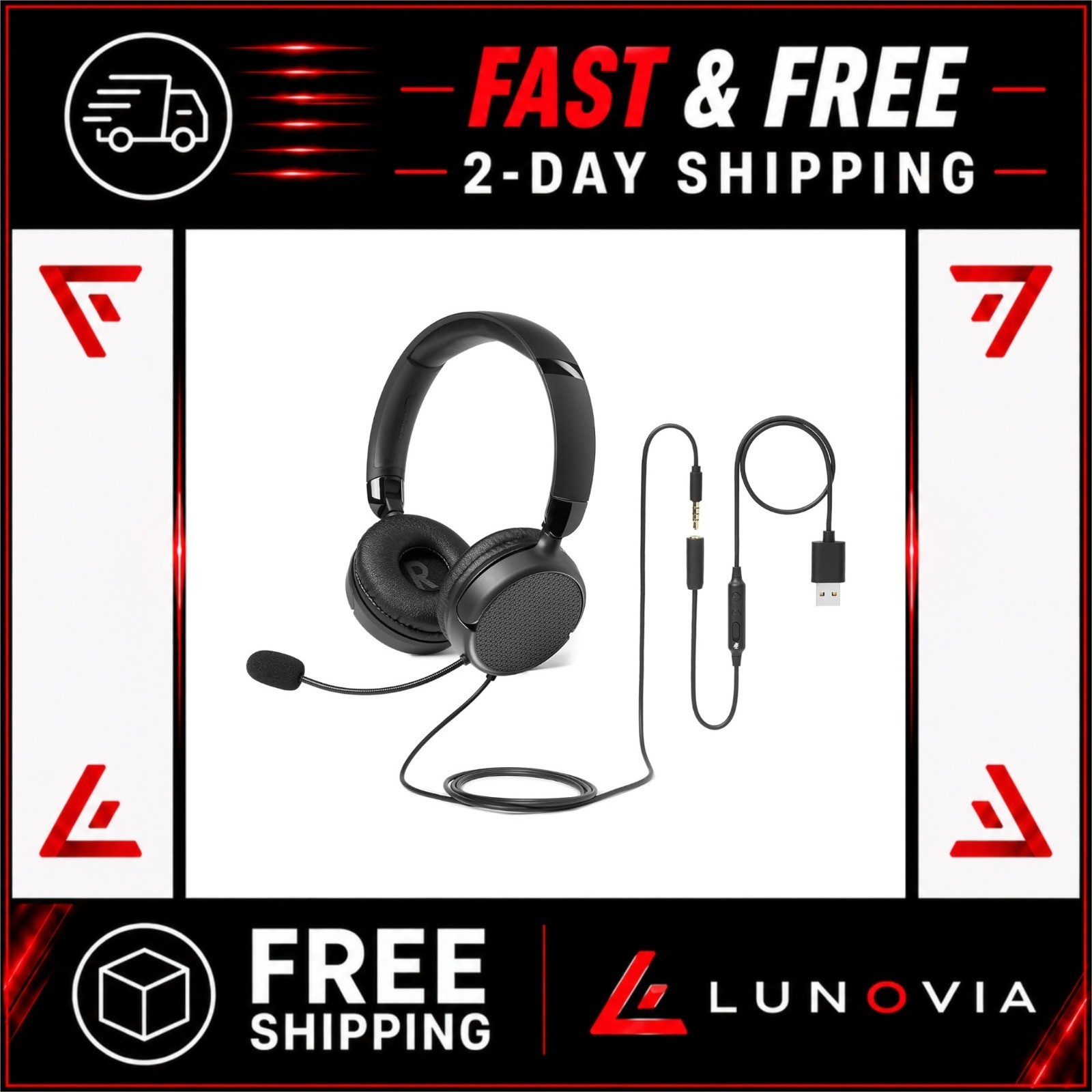 Amazon Basics On-Ear Wired Computer Headset with Mic, 3.5mm & USB, Foldable,