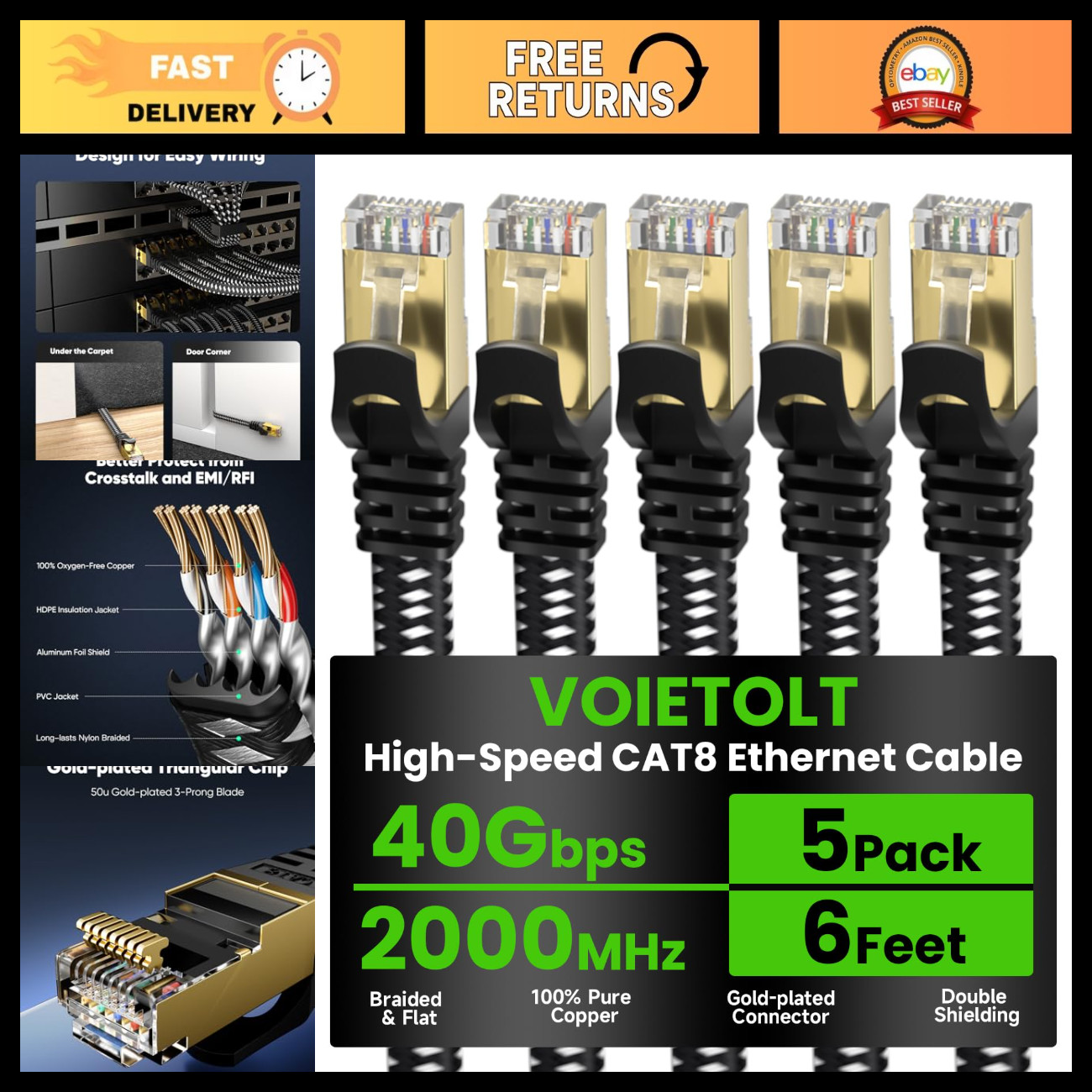 High-Speed Cat 8 Ethernet Cable 6FT 5-Pack, 40Gbps 2000MHz Flat Braided LAN Cord