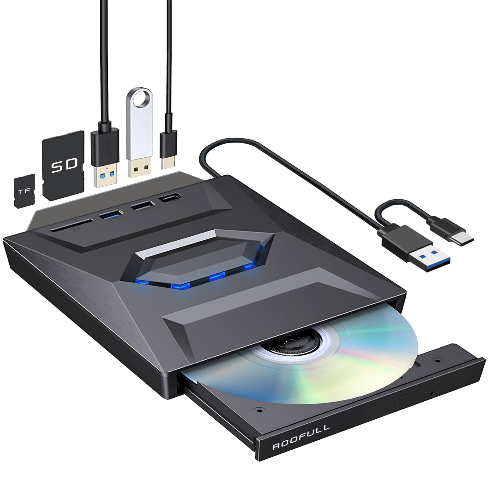 External Drive USB 3.0 & Burner Player with USB Hub and Card Reader, Portable