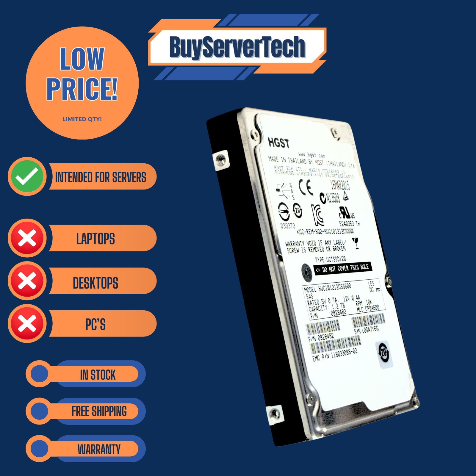 HGST HUC101212CSS600 1.2TB 10K SAS 2.5" HDD | 0B28482 | 0 Hours |  2YR Warranty