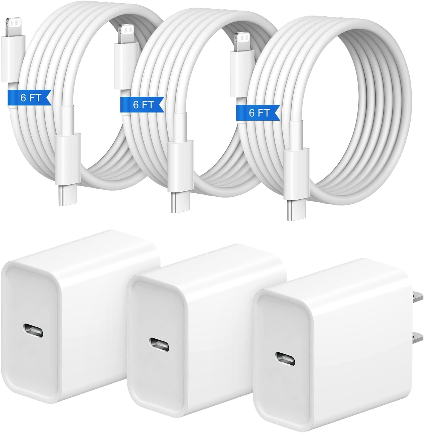 iPhone Fast Charger 3+3Pack 20W USB C Wall Charger with 6FT Fast Charging Cable 