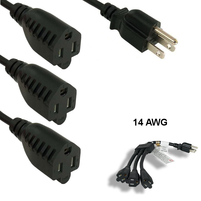 14 in.-36 in. Y Splitter Cable AC Power Cord Extension Male to Female x3 14AWG