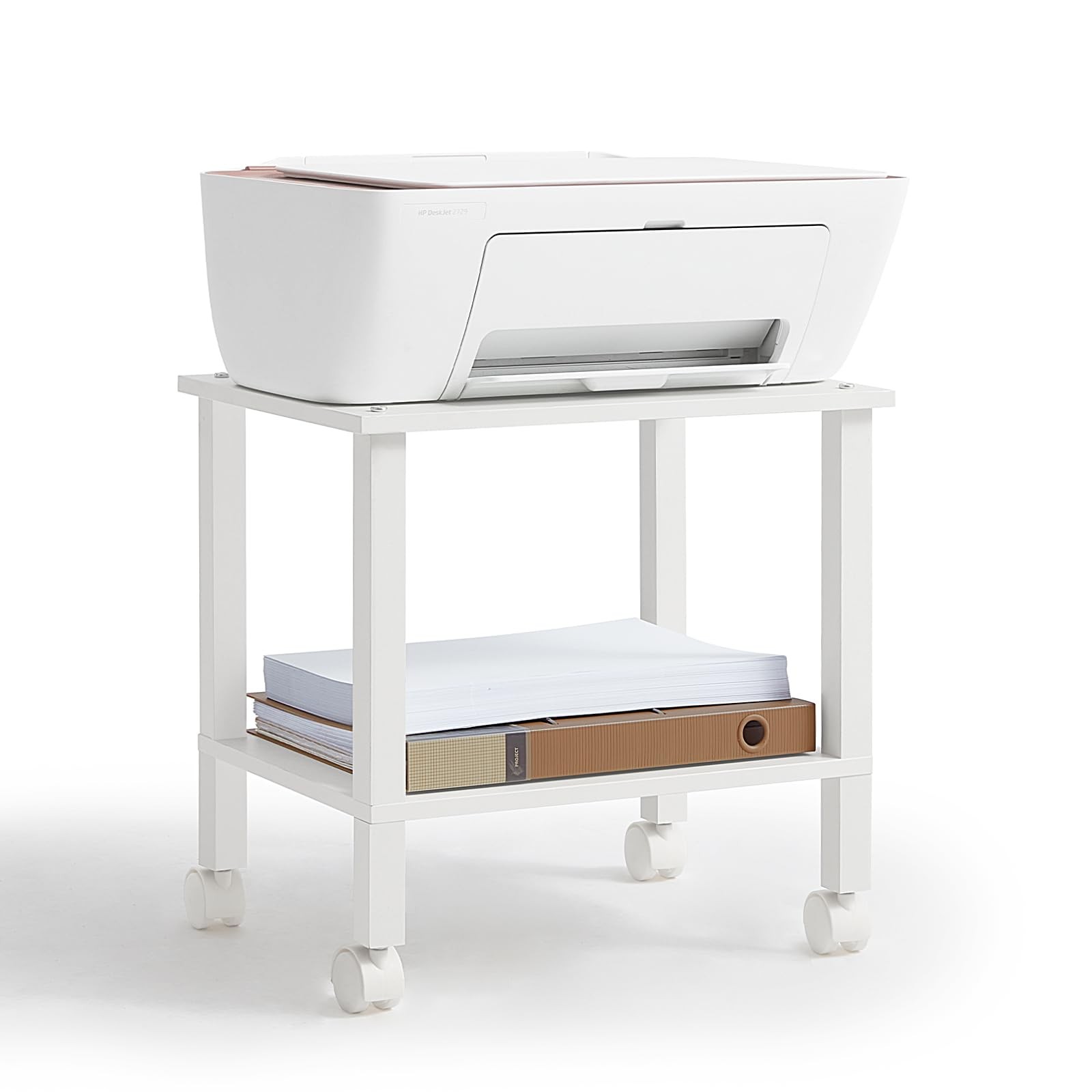 2 Tier Printer Stand Storage Under Desk Shelf Table Rolling Cart Home White