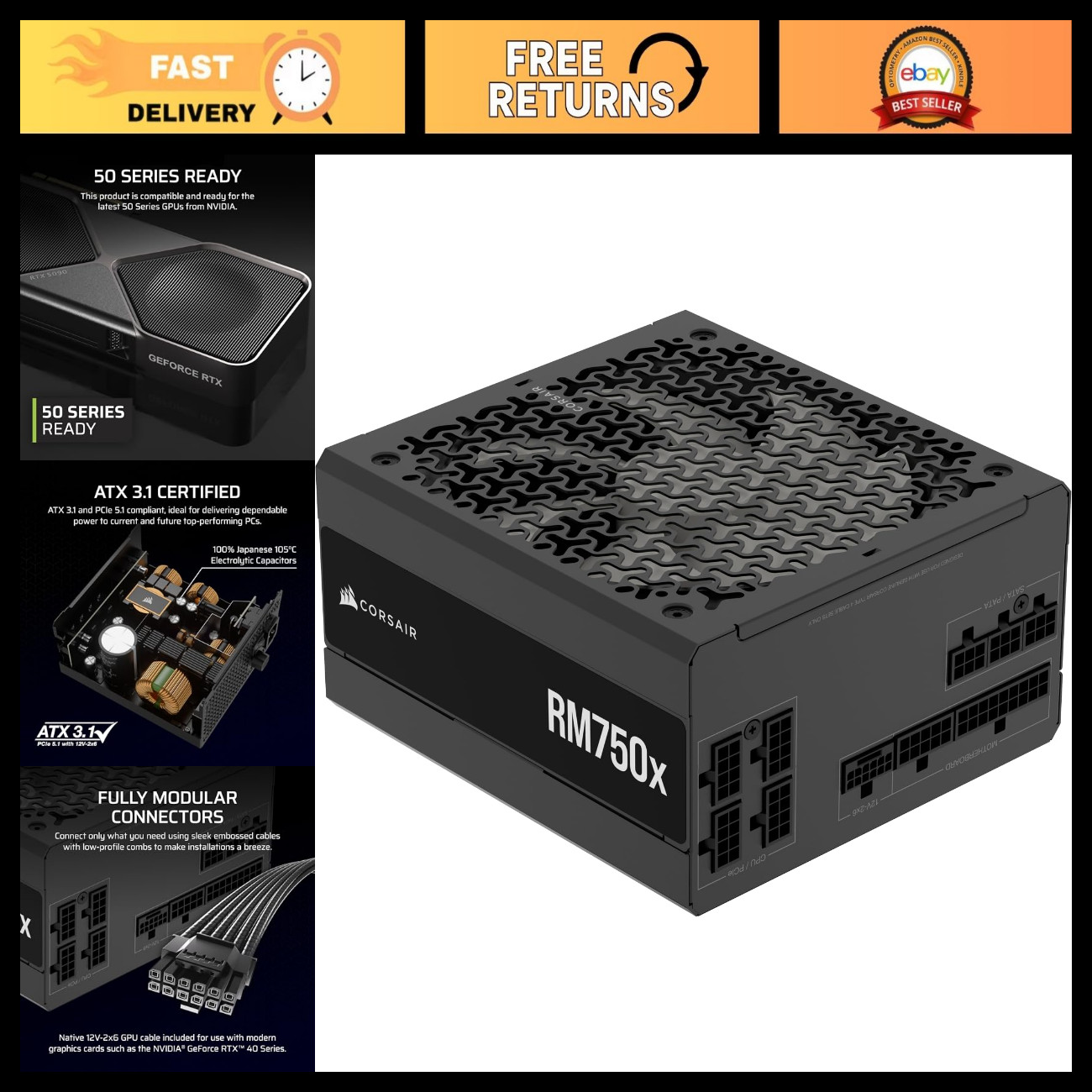 750W ATX Power Supply, PCIe 5.1, High Efficiency, Modular, Quiet Cooling, Black