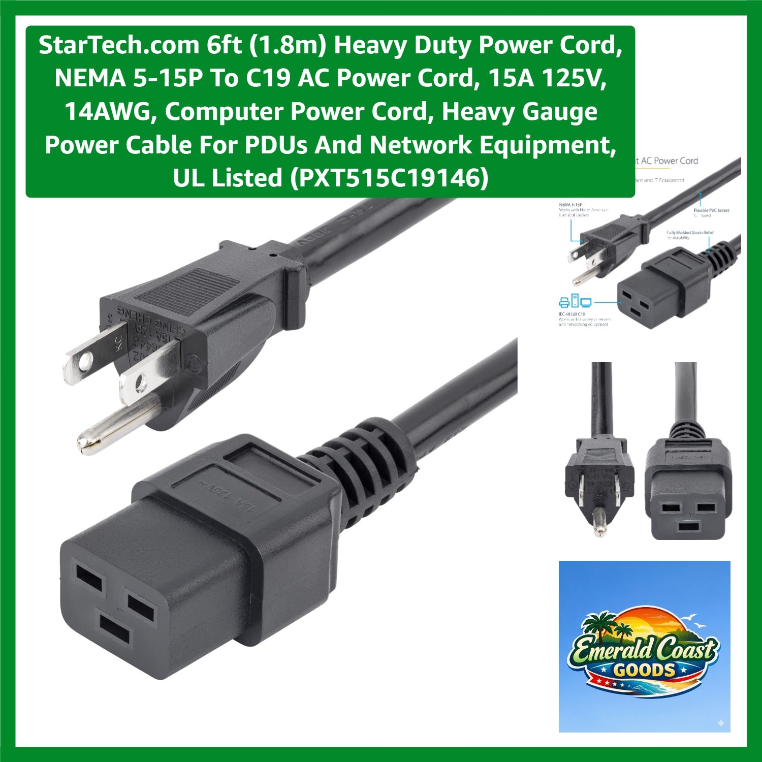 14AWG 6ft NEMA 5-15P to C19 Heavy Gauge Power Cable for Reliable Connectivity