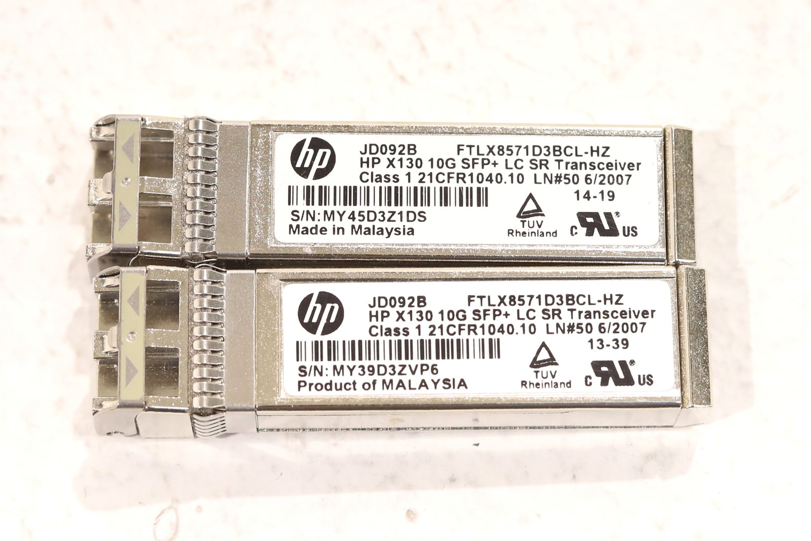 Lot of 2 HP X130 10GB SFP+ LC SR Transceiver Module P/N: FTLX8571D3BCL-HZ JD092B