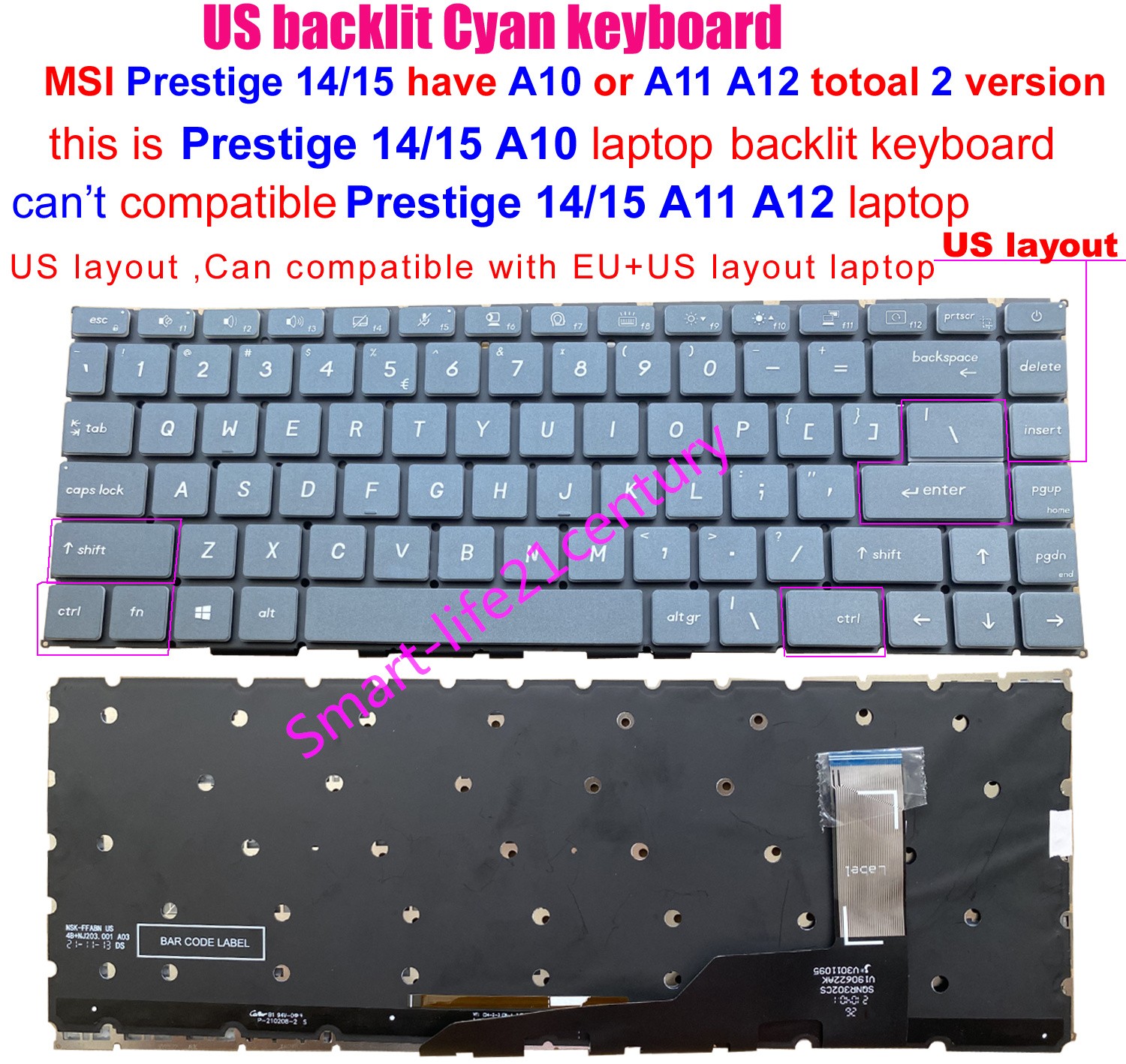 US Backlit Keyboard For MSI Prestige14 A10 A10SC MS-14C1 A11 A12 MS-14C4 MS-14C5
