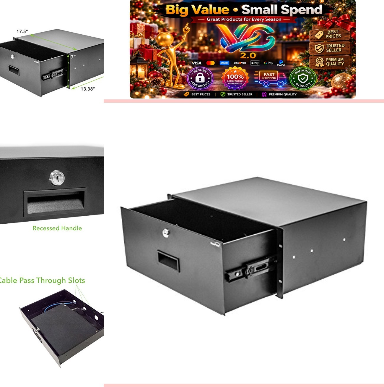 4U Server Cabinet Rack Mount Locking Drawer with Key 19 Inch Black 22 lb