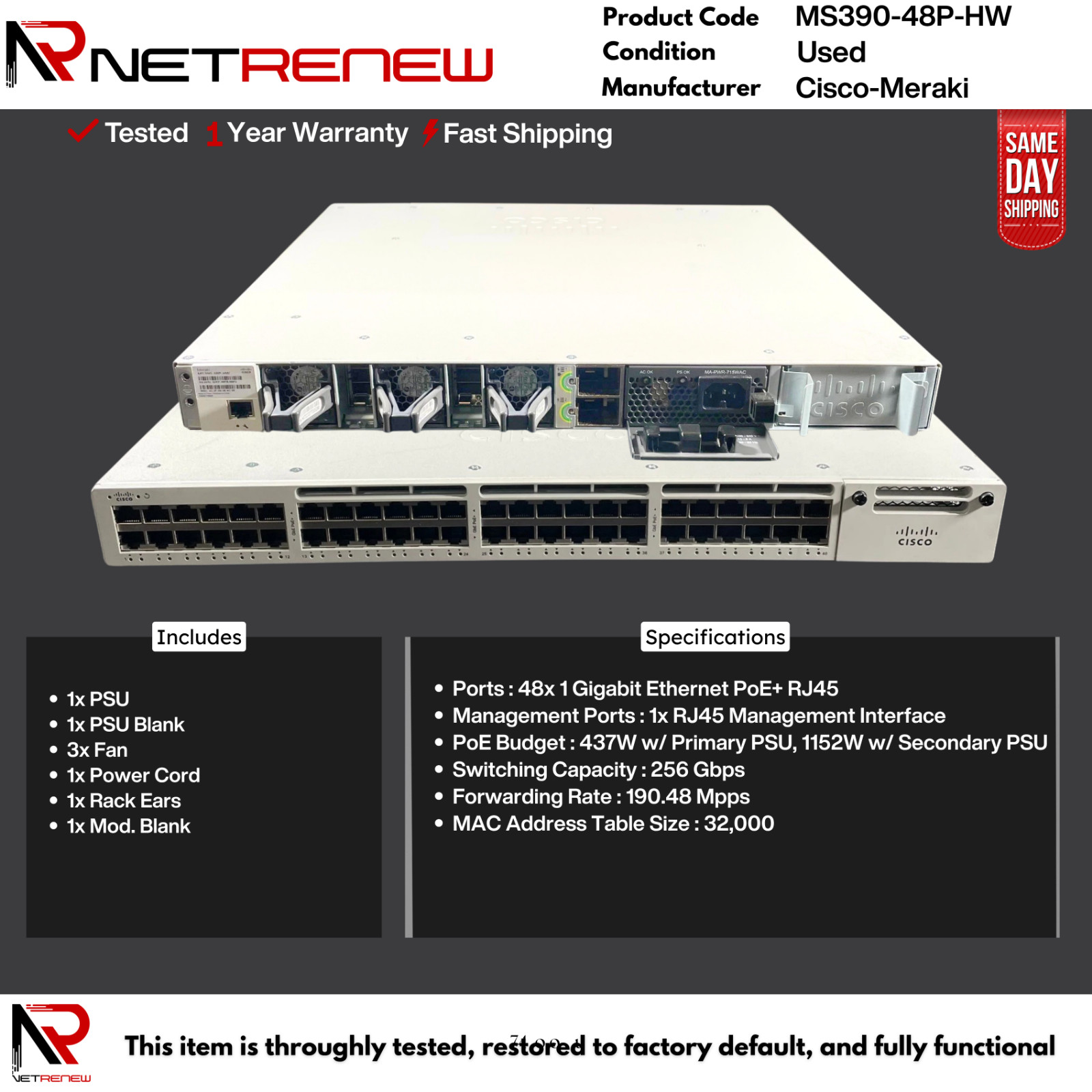 *Unclaimed Cisco Meraki MS390-48P-HW 48 Port PoE+ Switch