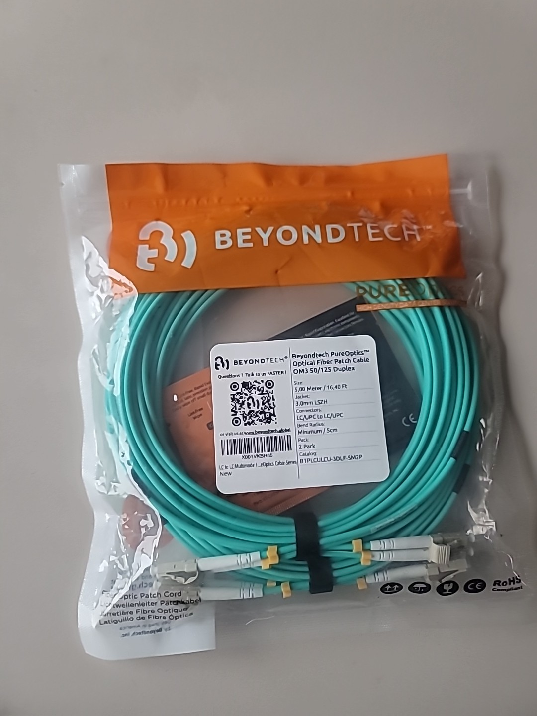 Beyondtech PureOptics Optical Fiber Patch Cable OM3 50/125ųm Duplex - 5M- 2Pk 