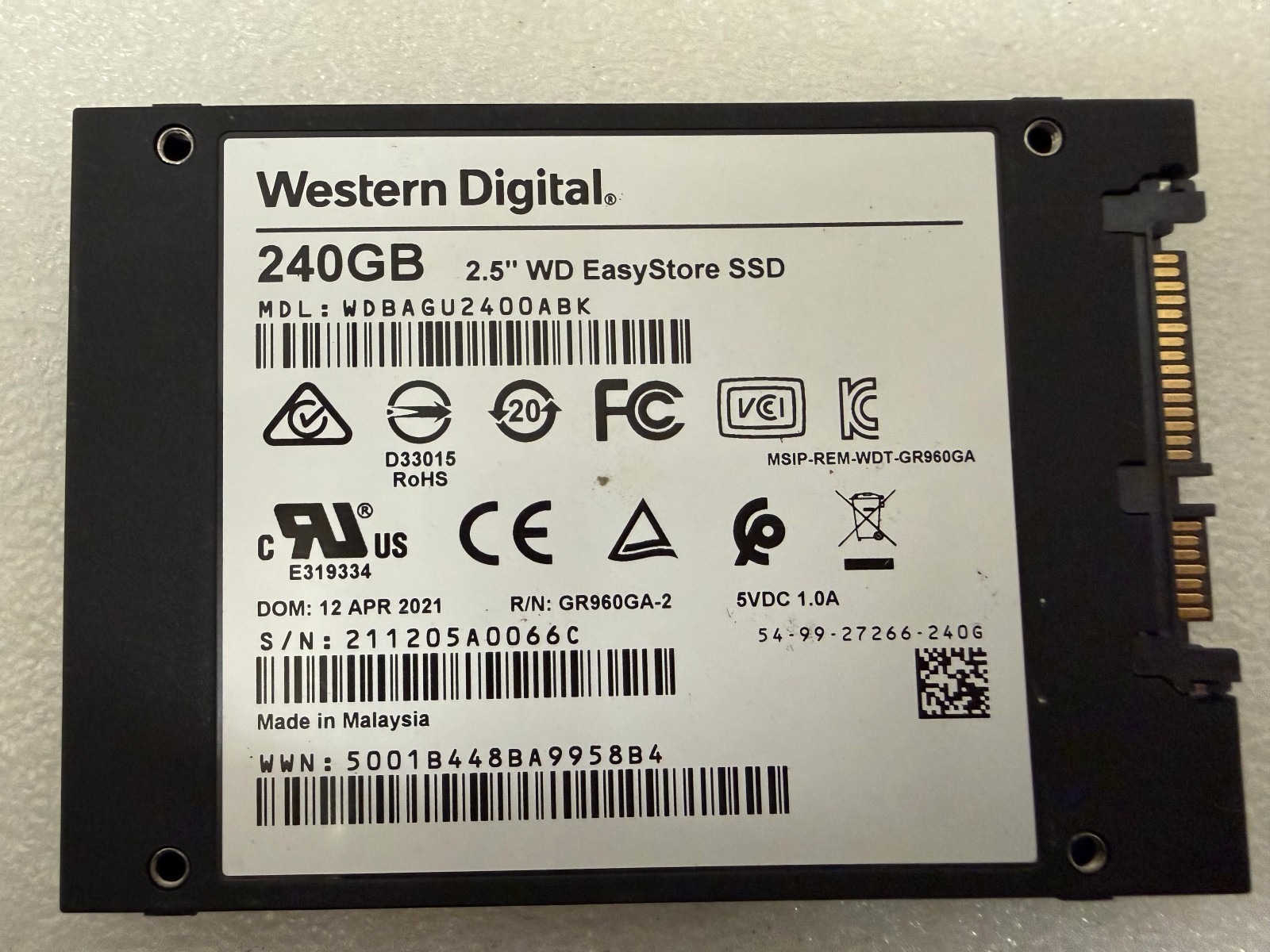 WD EasyStore 240GB SATA SSD 2.5 inch Solid State Drive WDBAGU240ABK