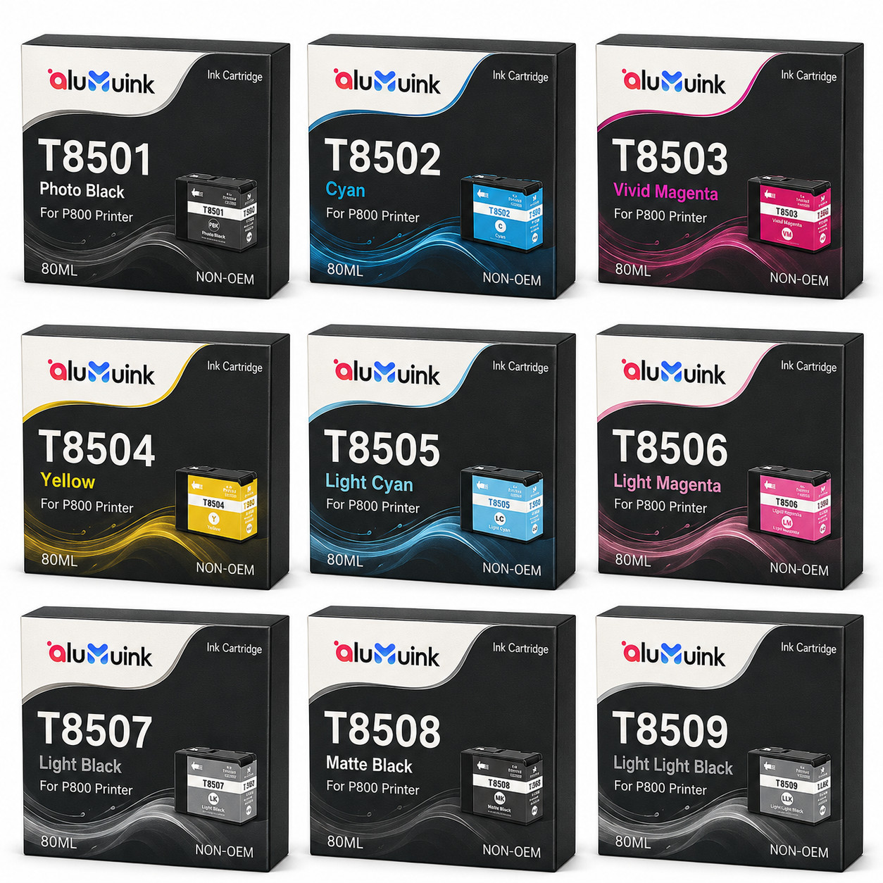 T850 Ink Cartridge for  SureColor P800 (9-Pack,T8501 T8509 High Yield) 80ML