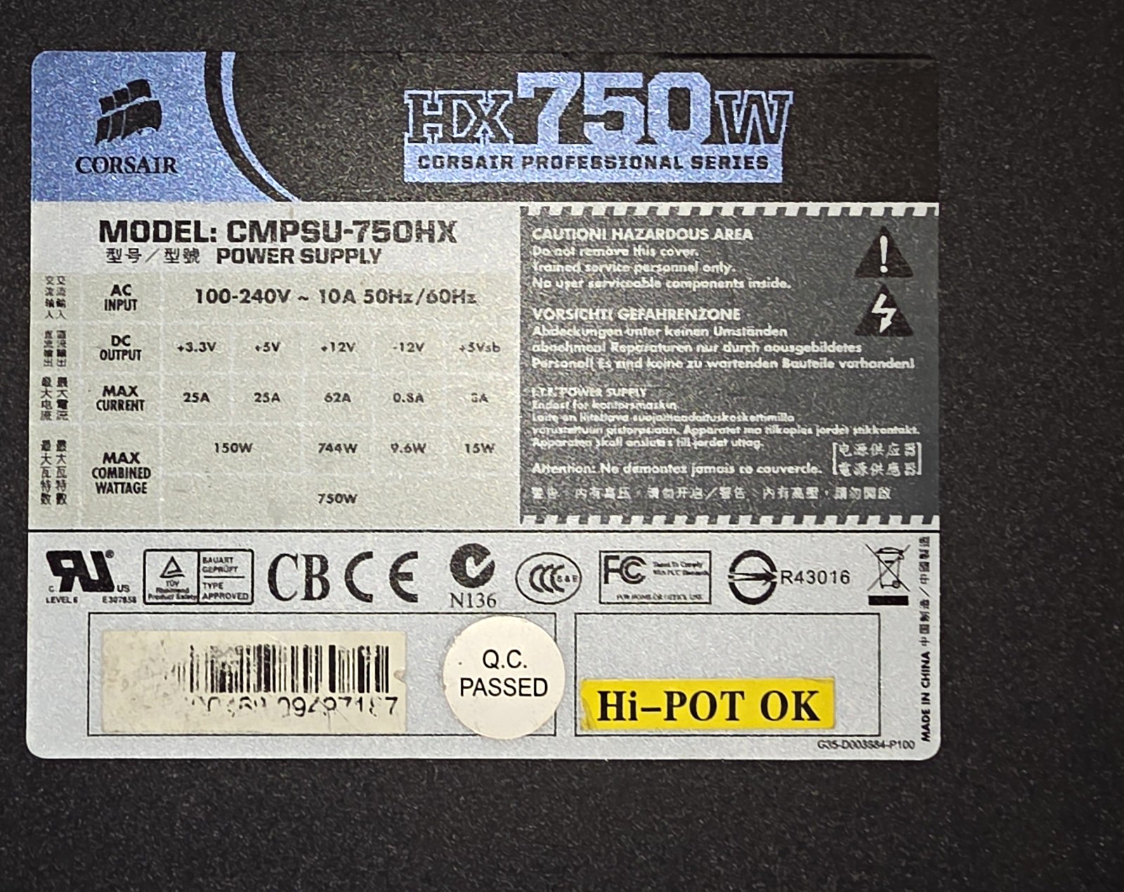 Corsair HX750W 750W ATX Modular Power Supply Unit Black CMPSU-750HX