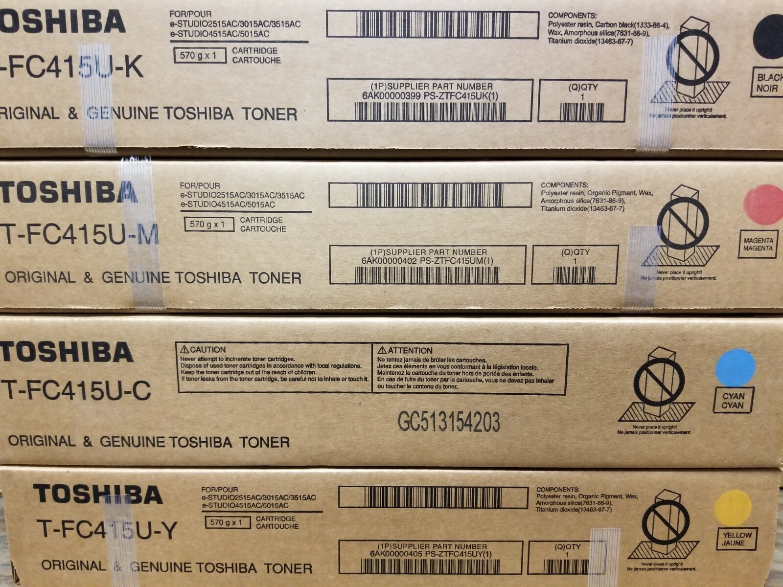 Toshiba Genuine OEM T-FC415U-K/C/M/Y Toner Cartridges, Free UPS Ground Ship