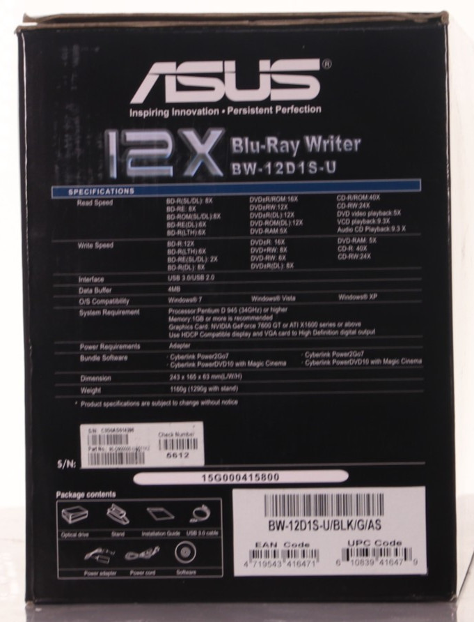 ASUS BW-12D1S-U 12X Blu-Ray Writer USB 3.0 External Drive Black PC - Open Box