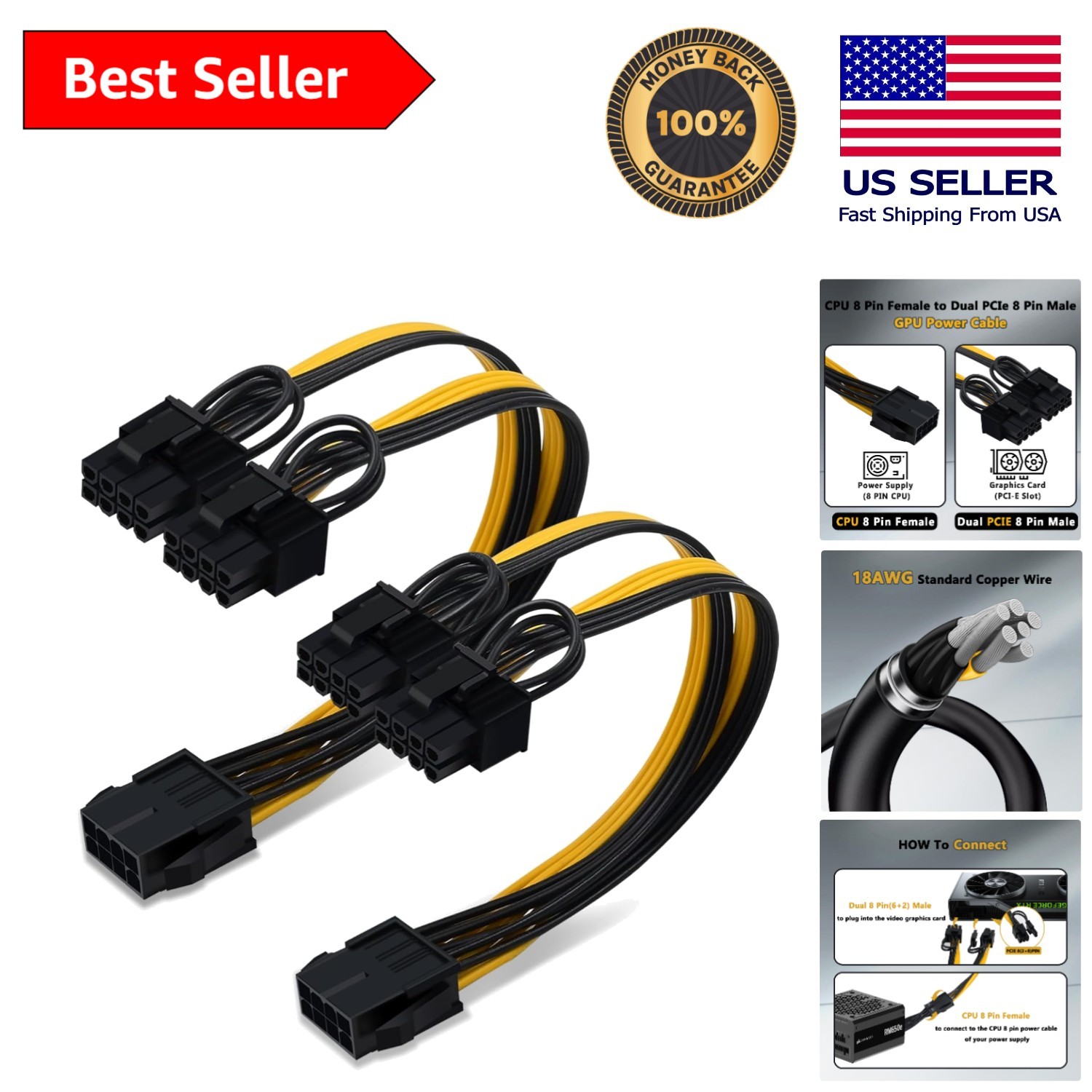 2-Pack 8 Pin CPU to Dual PCIe GPU Splitter Cable - Tangle-Free Design, 9-Inch