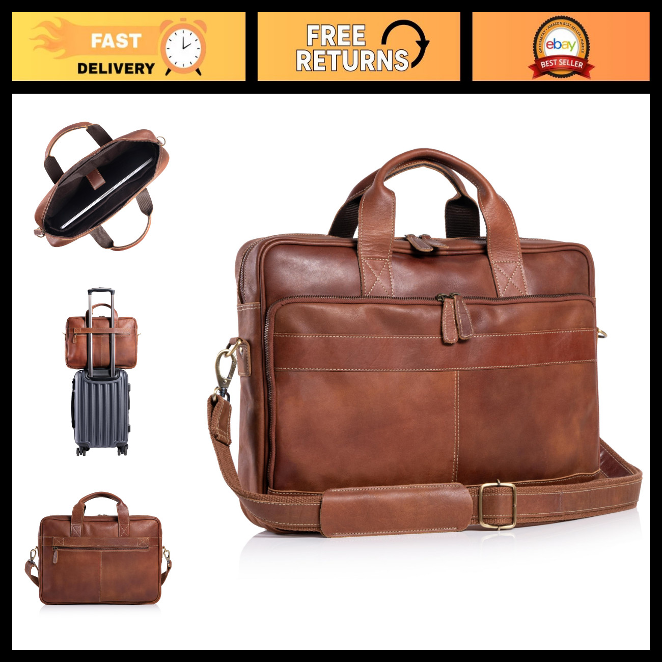 Leather Briefcase 16" Laptop Messenger Bag Satchel for Men & Women - Stylish & D