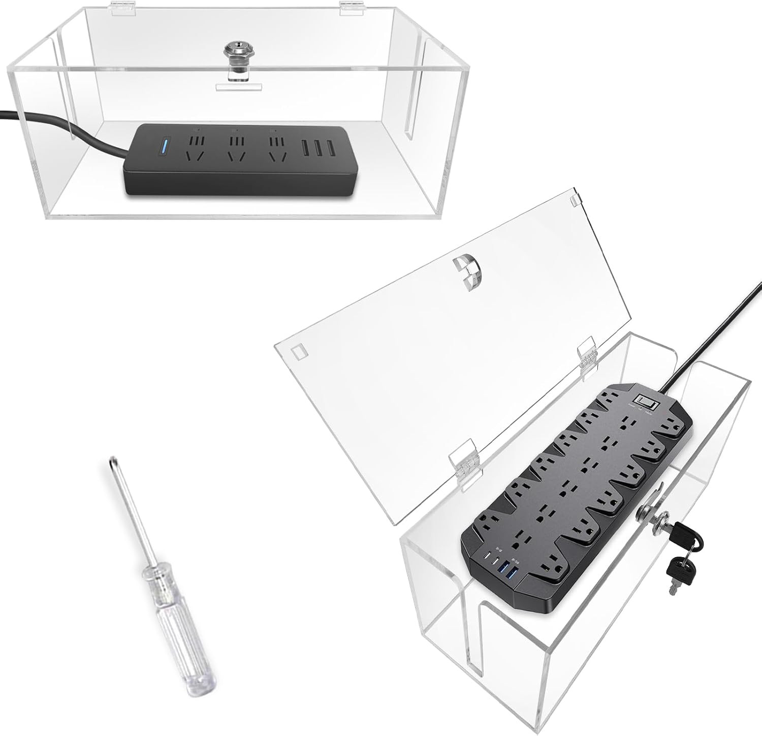 2PC Acrylic Plug Organizer Upgrade,Cable Management Box with Lock,Cable Organize