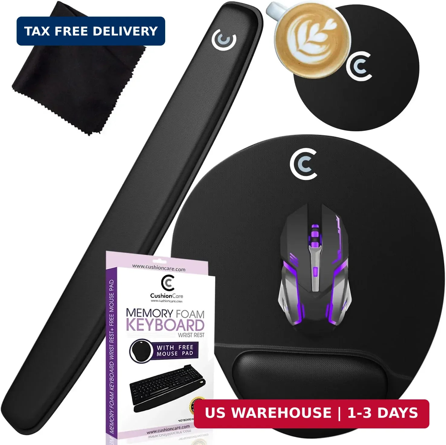 4pc Premium Wrist Rests for Keyboard and Mouse Pad Set - Memory Foam Cushion, Bl
