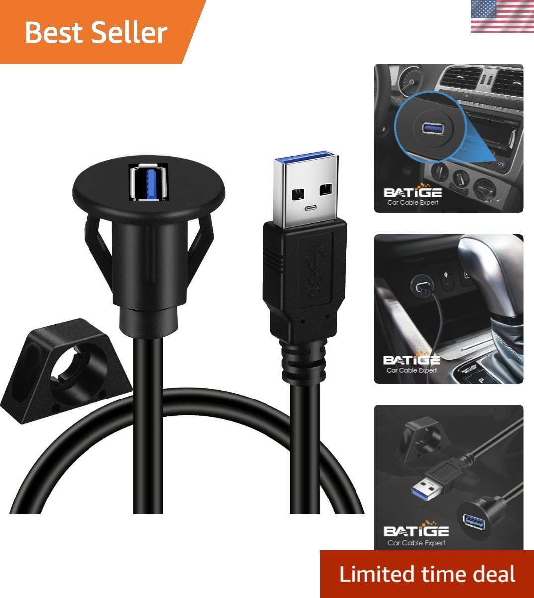 Versatile 3ft Waterproof USB 3.0 AUX Flush Panel Mount Cable for Easy Access