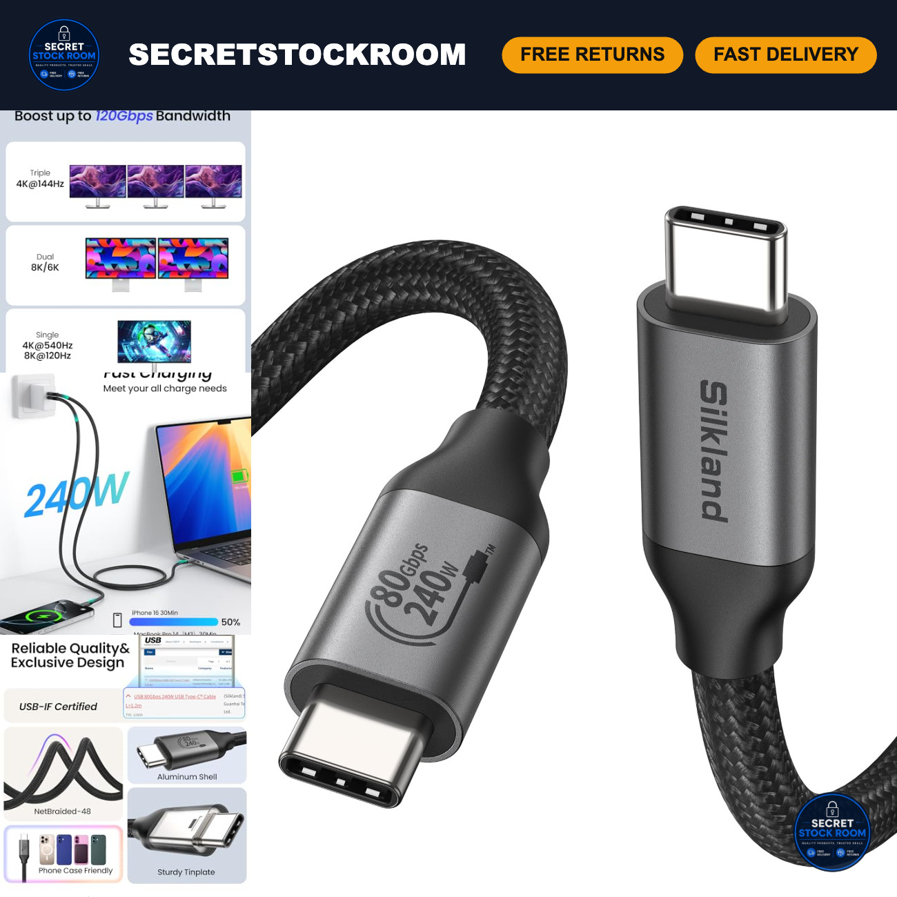 80Gbps USB 4 Thunderbolt 5 Cable 4FT, 120Gbps Speed, 240W Power Delivery