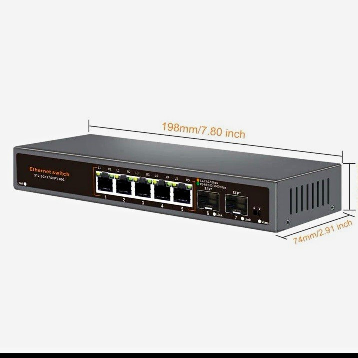 Davuaz 2.5G Switch Unmanaged 5-Port 2.5GbE RJ45 Desktop w/ 2x SFP+