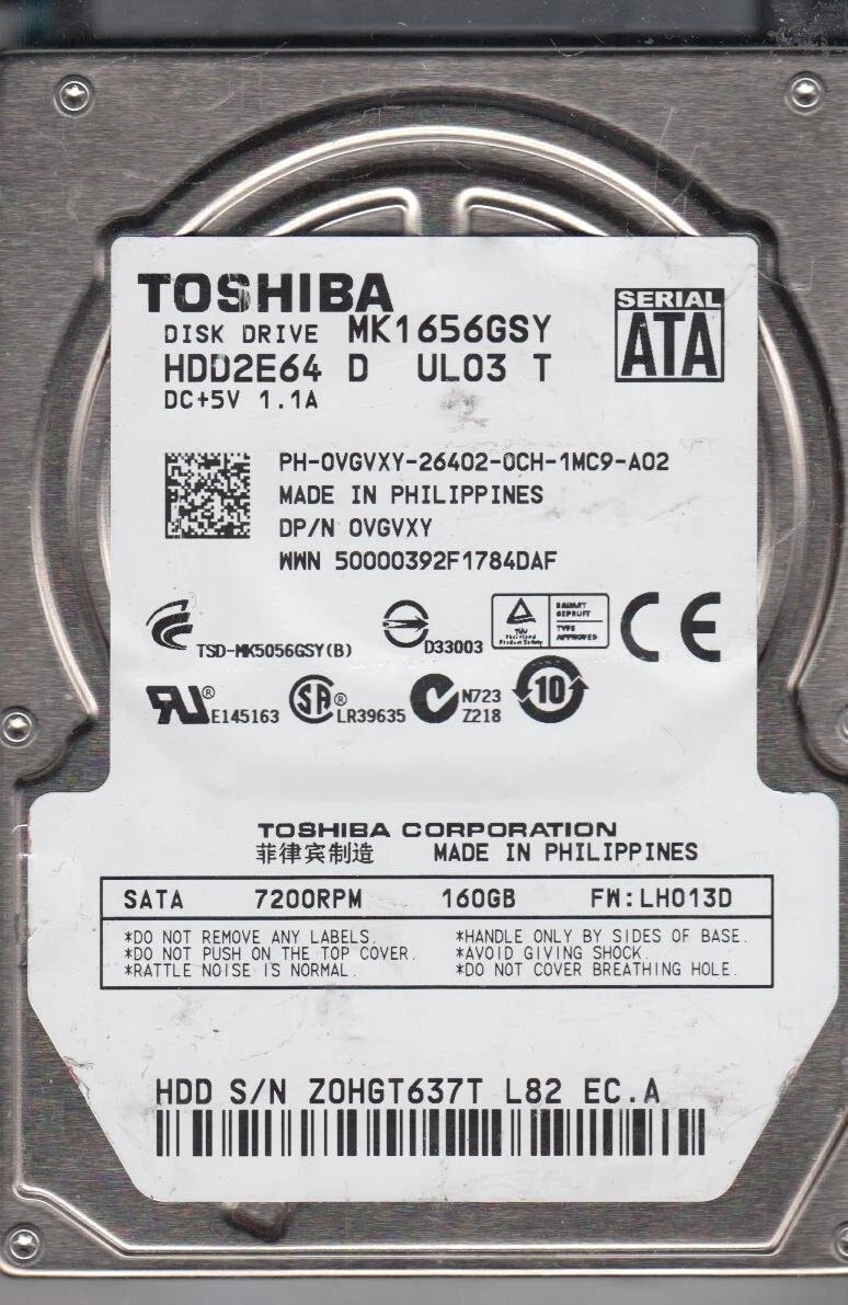 MK1656GSY TOSHIBA 160 GB HDD 2.5" 16 MB 7200 RPM SATA Laptop Hard Disk Drive