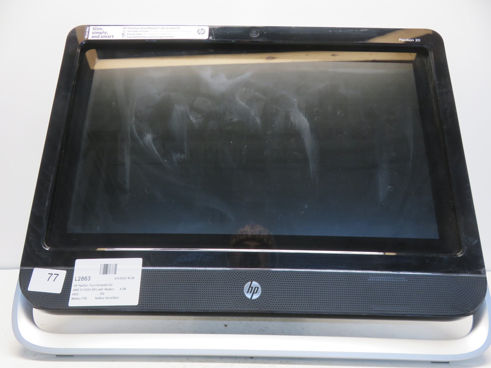 HP Pavilion TouchSmart 20-F23 AMD E1-2500 APU Radeon HD Graphics 4GB Ram NO HDD