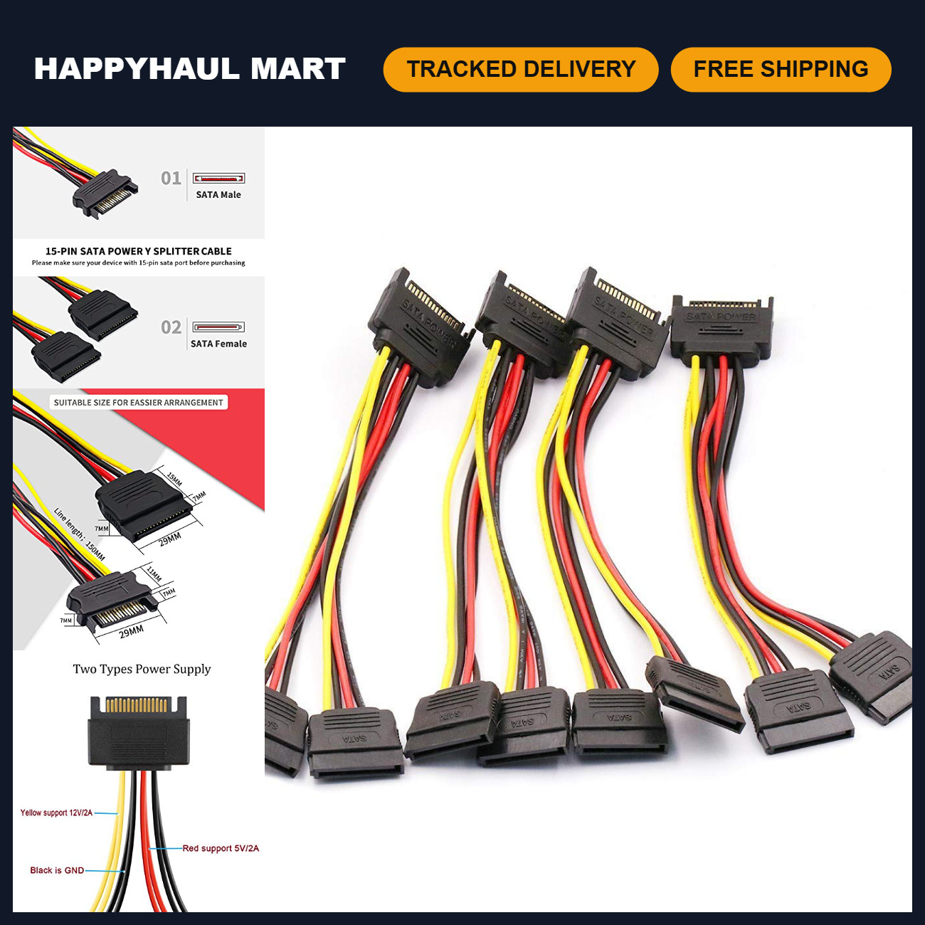 4PCS 8In SATA 15Pin Male to Dual Female Power Splitter Cables for PC Hardware