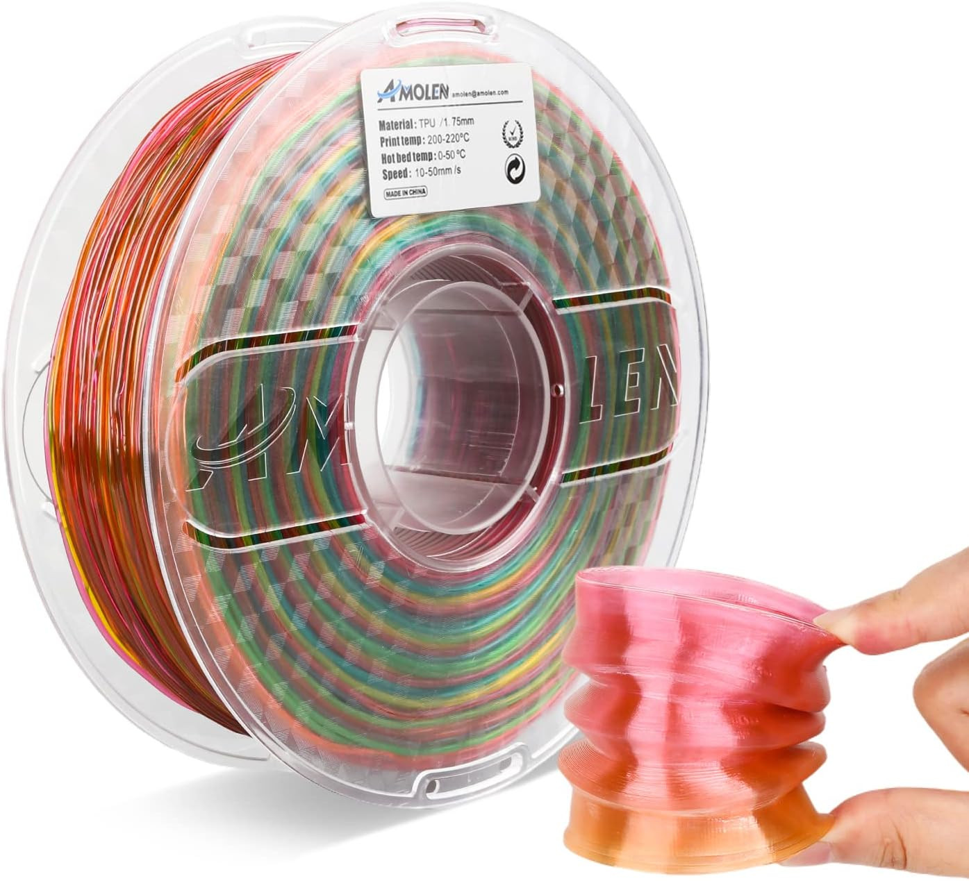 TPU 3D Printer Filament, Transparent Multicolor Rainbow TPU 1.75Mm, Color Change